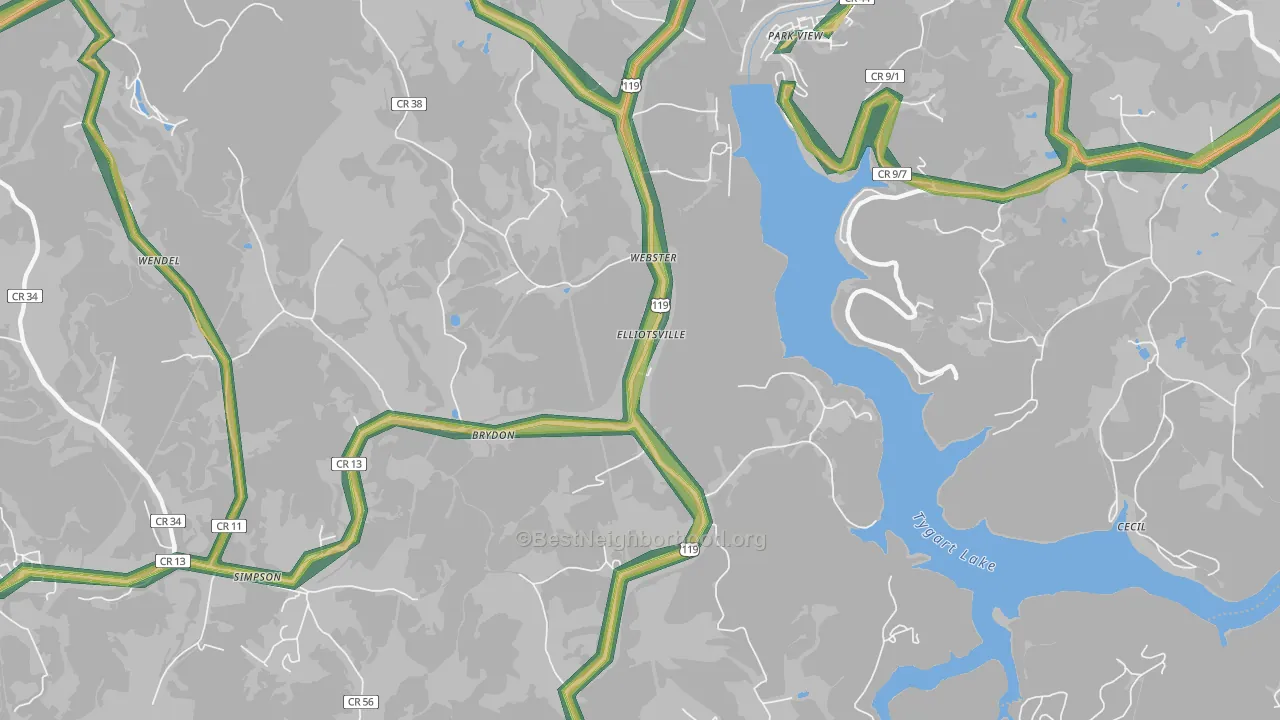 Webster, WV Map of Noise Levels in Webster