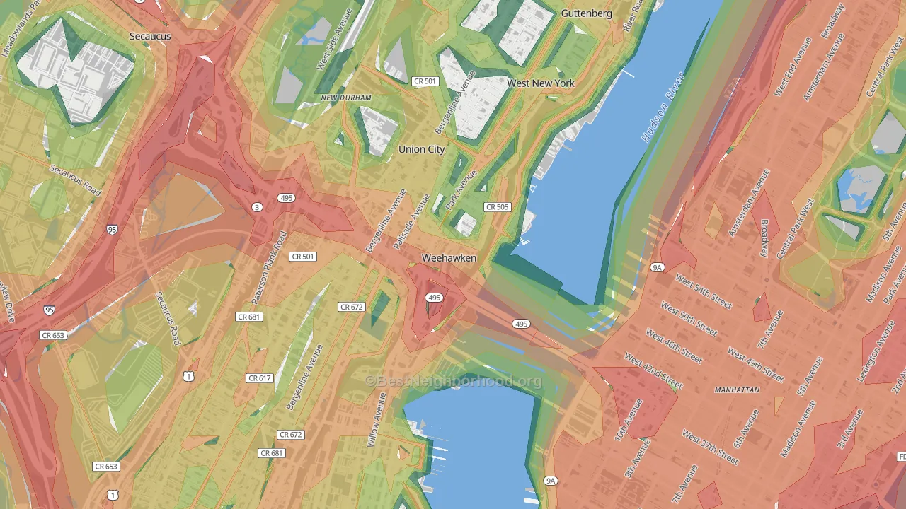 Weehawken, NJ Map of Noise Levels in Weehawken