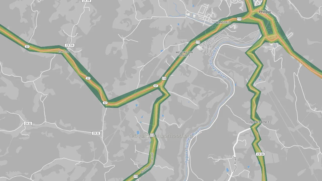 Wellington Heights, WV Map of Noise Levels in Wellington Heights
