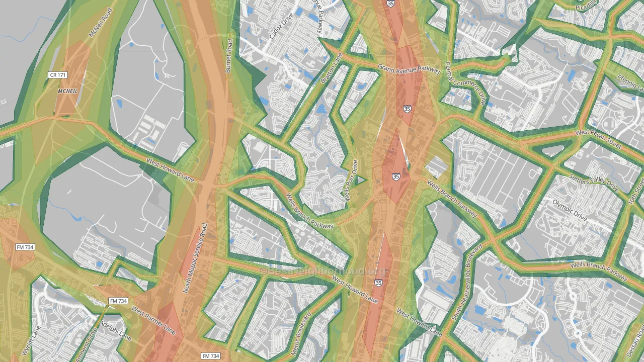 Wells Branch, TX Map of Noise Levels in Wells Branch
