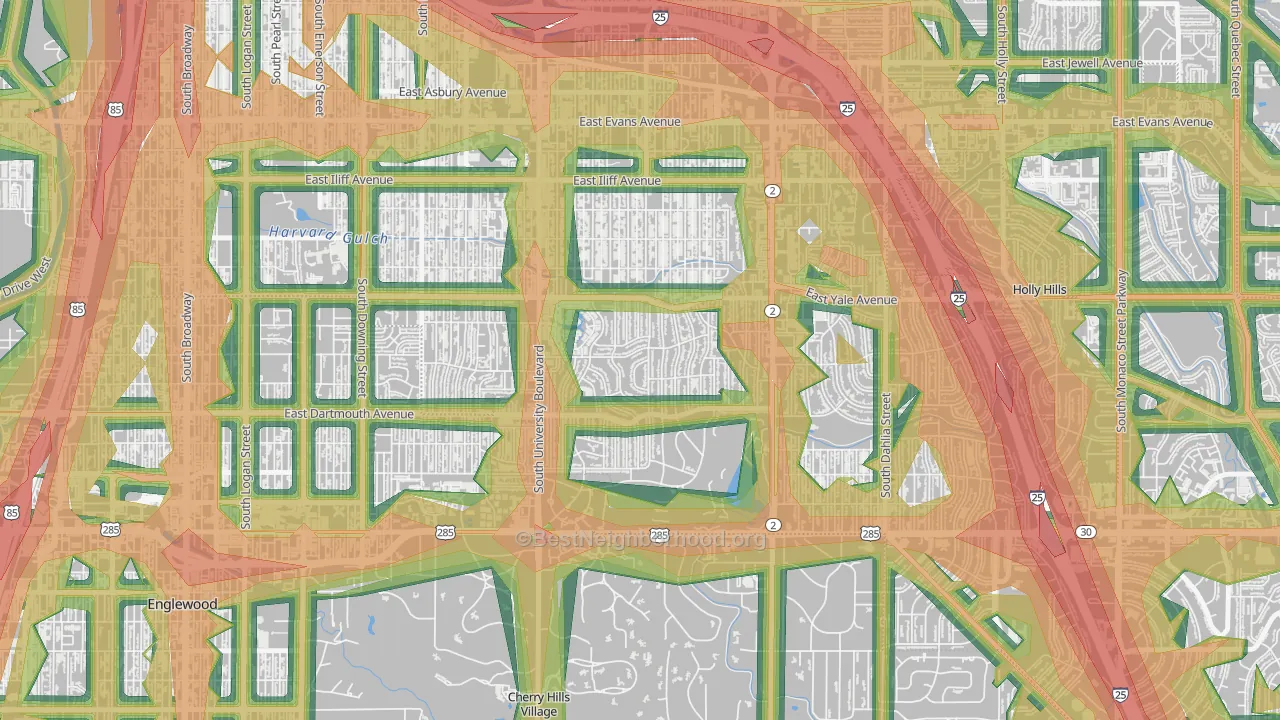 Wellshire, Denver, CO Map of Noise Levels in Wellshire