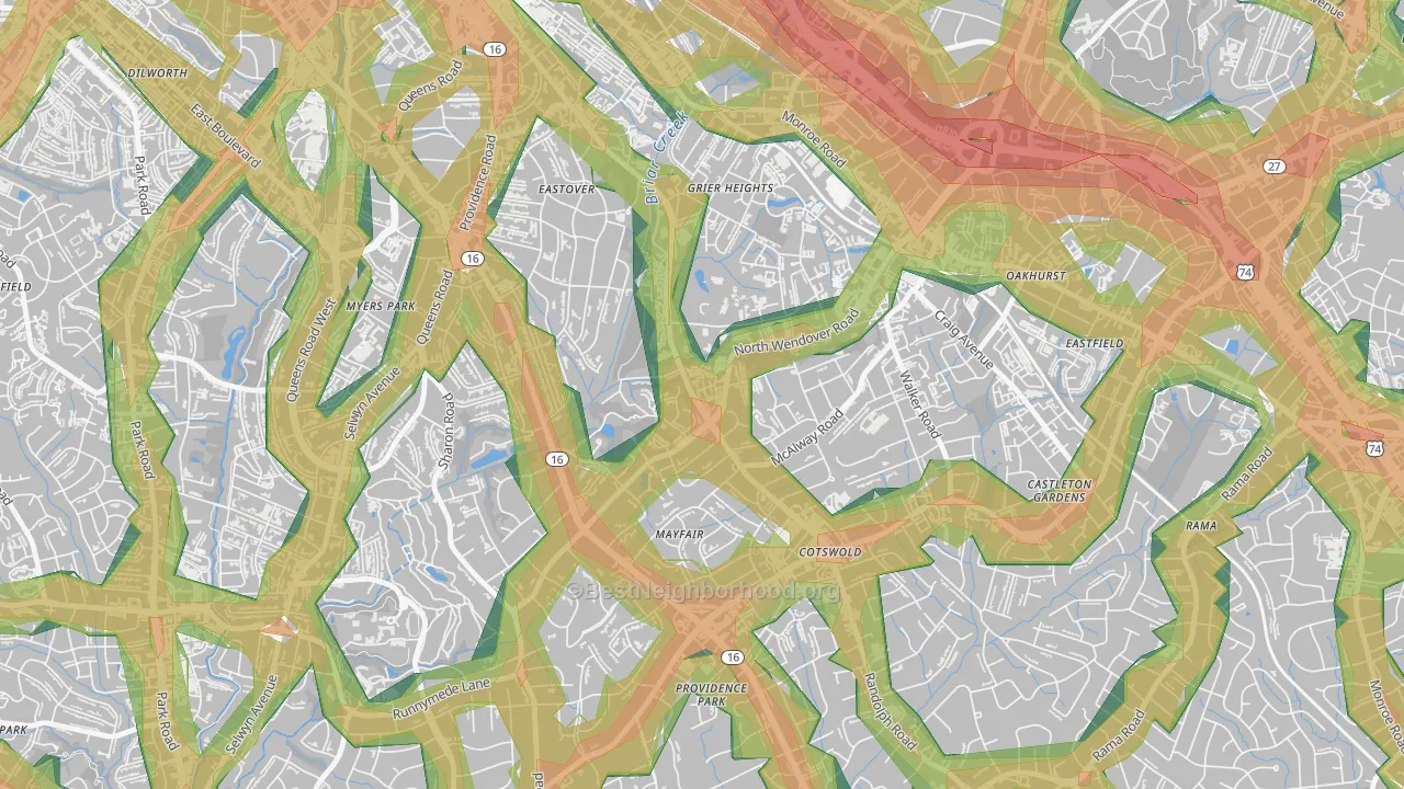 Wendover-Sedgewood, Charlotte, NC Map of Noise Levels in Wendover-Sedgewood