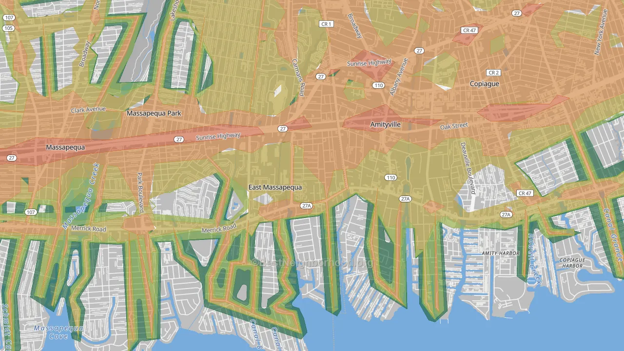 West Amityville, East Massapequa, NY Map of Noise Levels in West Amityville