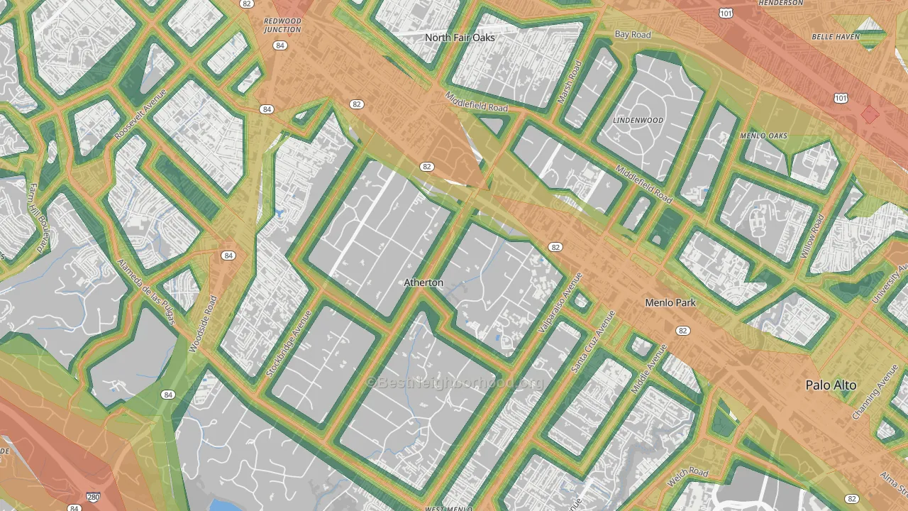 West Atherton, Atherton, CA Map of Noise Levels in West Atherton