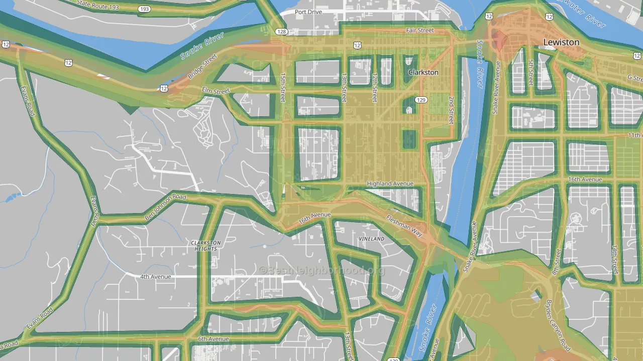 West Clarkston-Highland, WA Map of Noise Levels in West Clarkston-Highland
