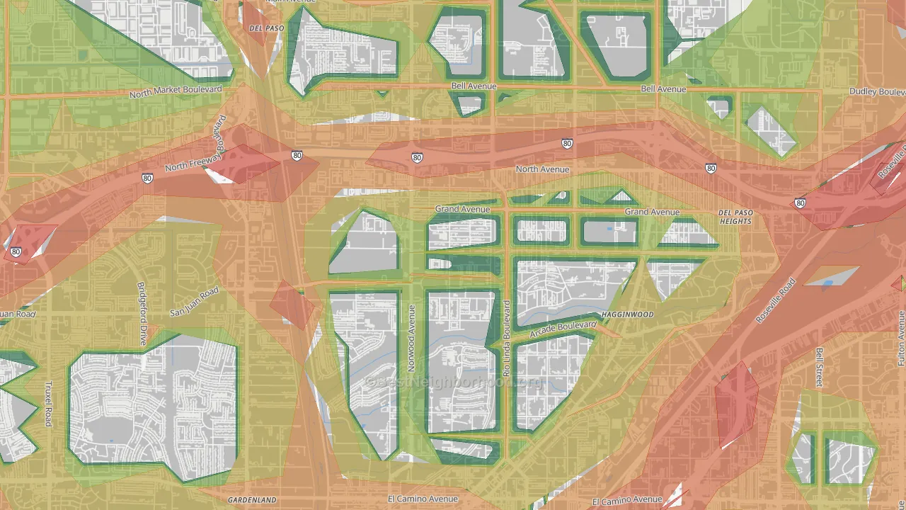 West del Paso Heights, Sacramento, CA Map of Noise Levels in West del Paso Heights