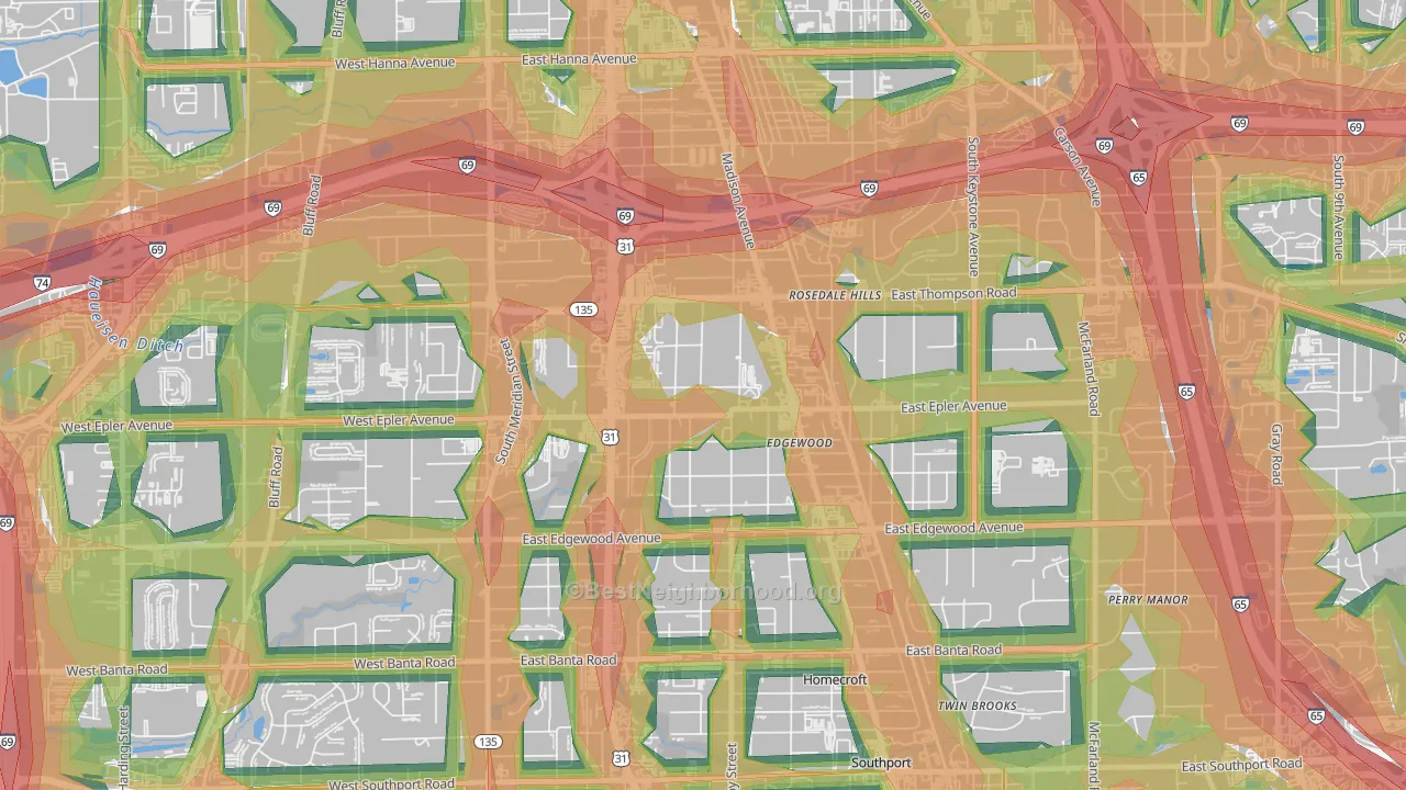 West Edgewood, Indianapolis, IN Map of Noise Levels in West Edgewood