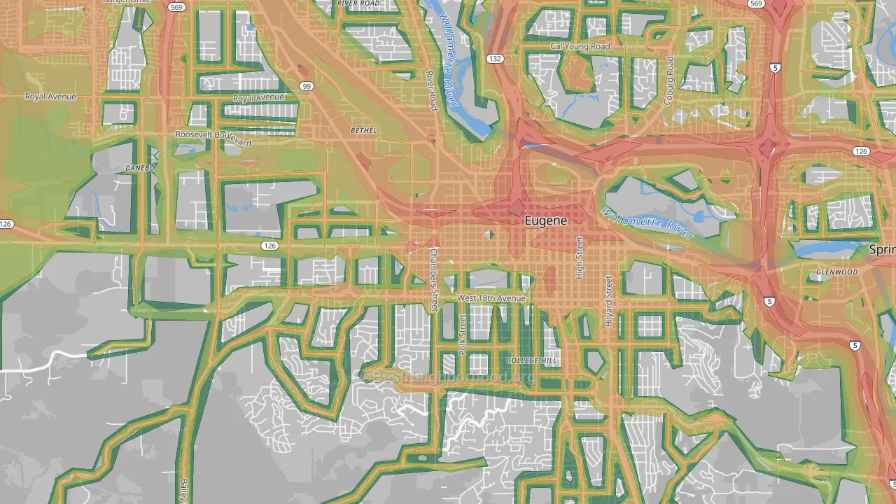 West Eugene, Eugene, OR Map of Noise Levels in West Eugene