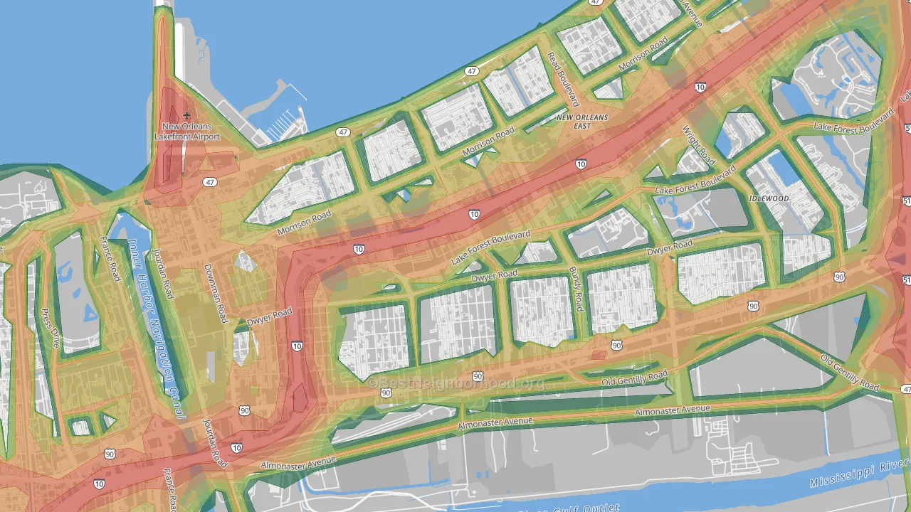 West Lake Forest, New Orleans, LA Map of Noise Levels in West Lake Forest