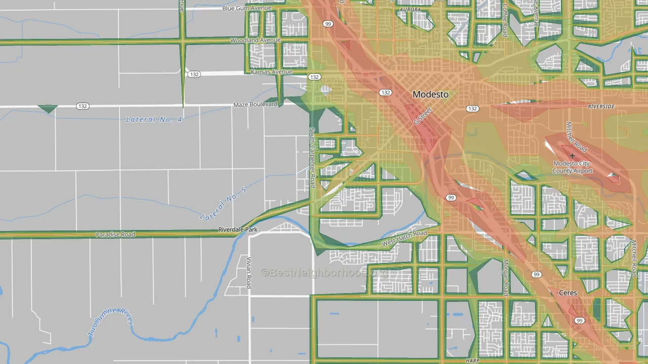 West Modesto, Modesto, CA Map of Noise Levels in West Modesto