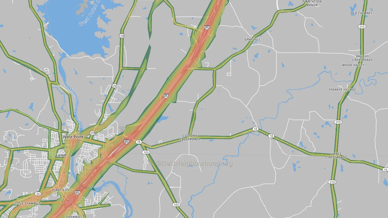 West Point, GA Map of Noise Levels in West Point