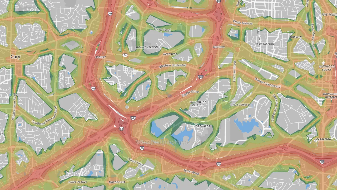 West, Raleigh, NC Map of Noise Levels in West