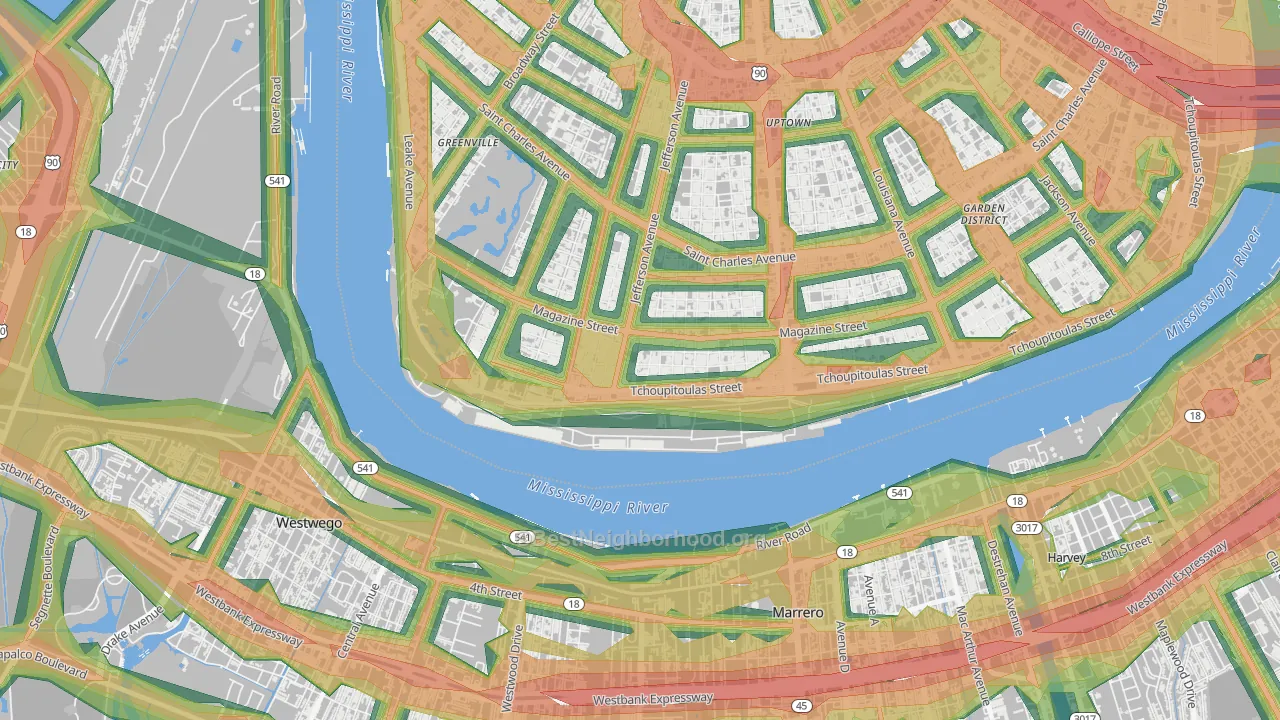 West Riverside, New Orleans, LA Map of Noise Levels in West Riverside