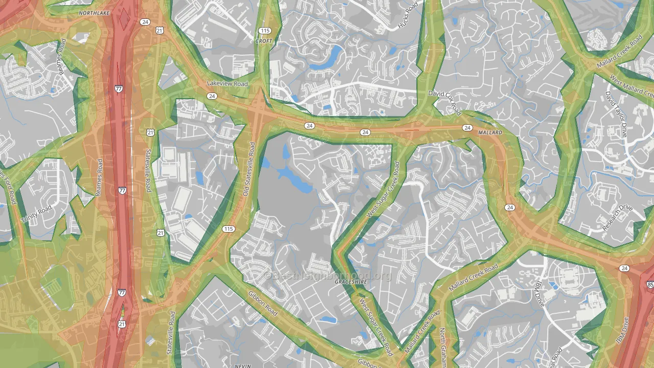 West Sugar Creek, Charlotte, NC Map of Noise Levels in West Sugar Creek
