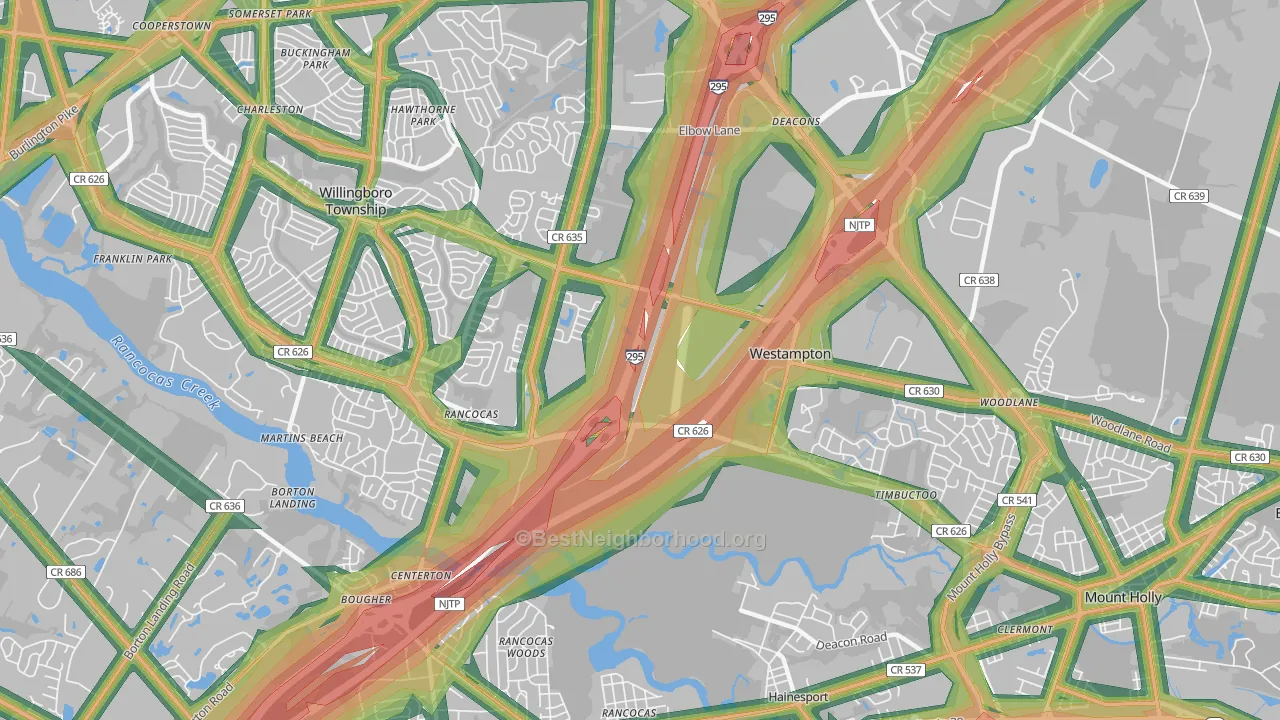 Westampton, NJ Map of Noise Levels in Westampton