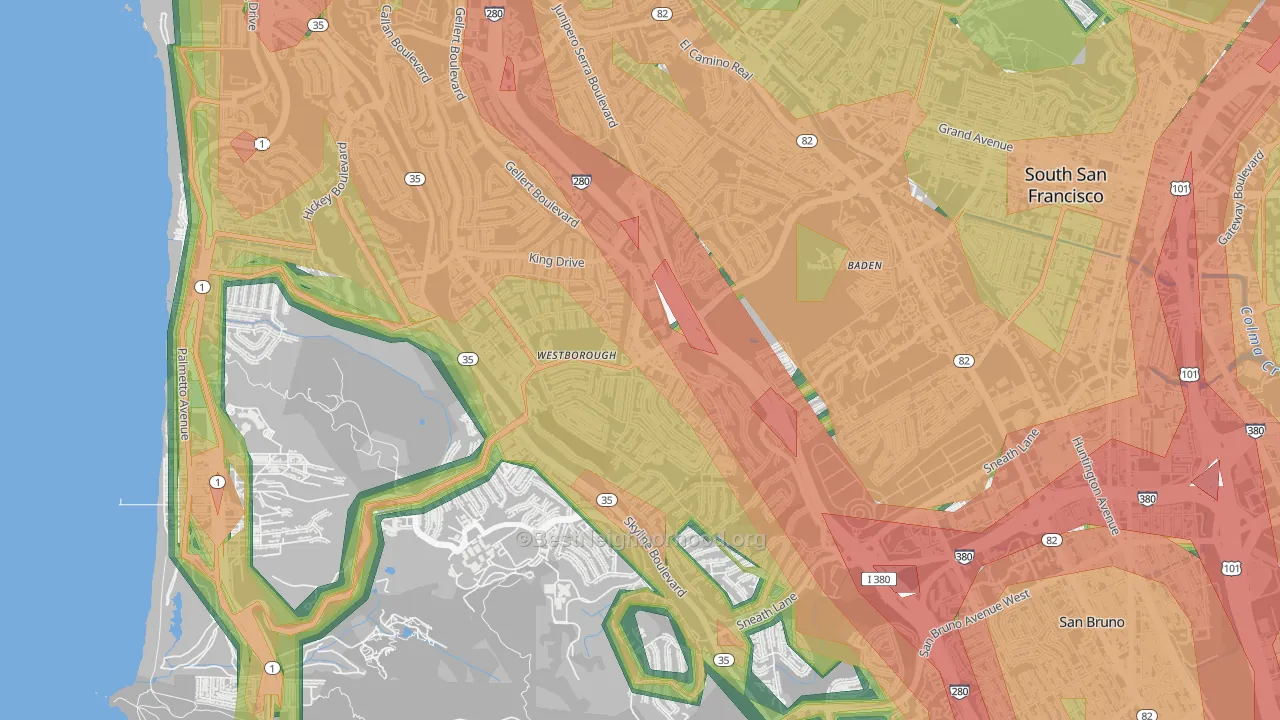 Westborough, South San Francisco, CA Map of Noise Levels in Westborough
