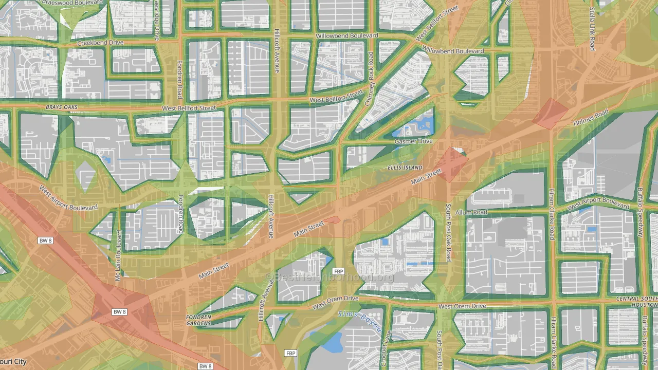 Westbury, Houston, TX Map of Noise Levels in Westbury