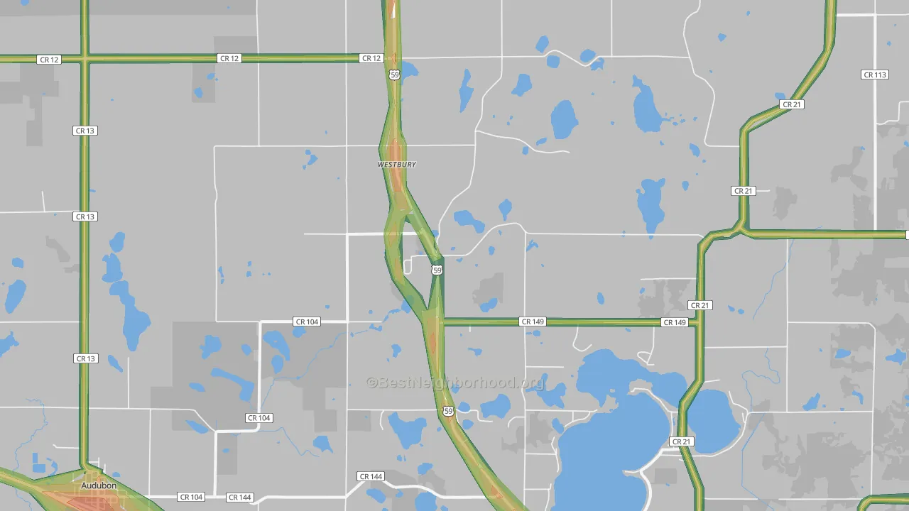 Westbury, MN Map of Noise Levels in Westbury