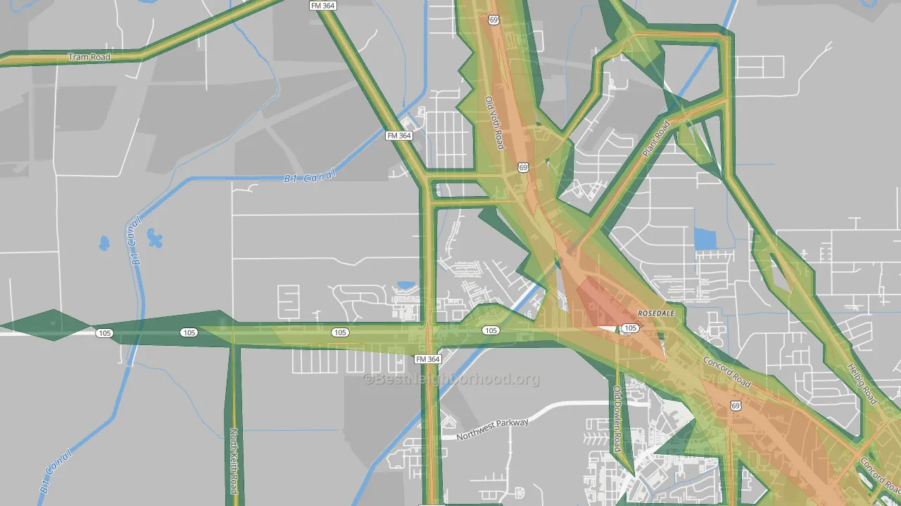 Western Hills, Beaumont, TX Map of Noise Levels in Western Hills