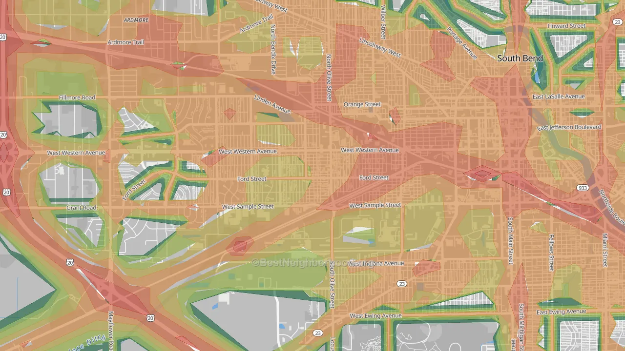 Westside, South Bend, IN Map of Noise Levels in Westside