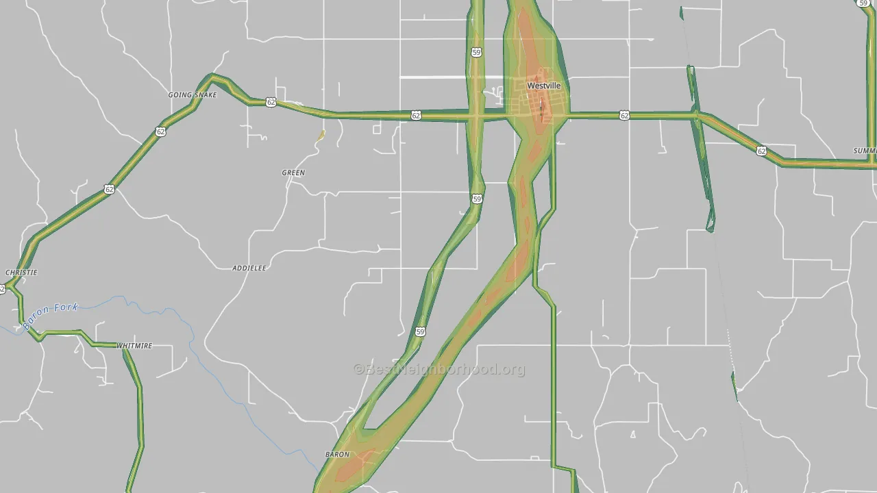 Westville, OK Map of Noise Levels in Westville