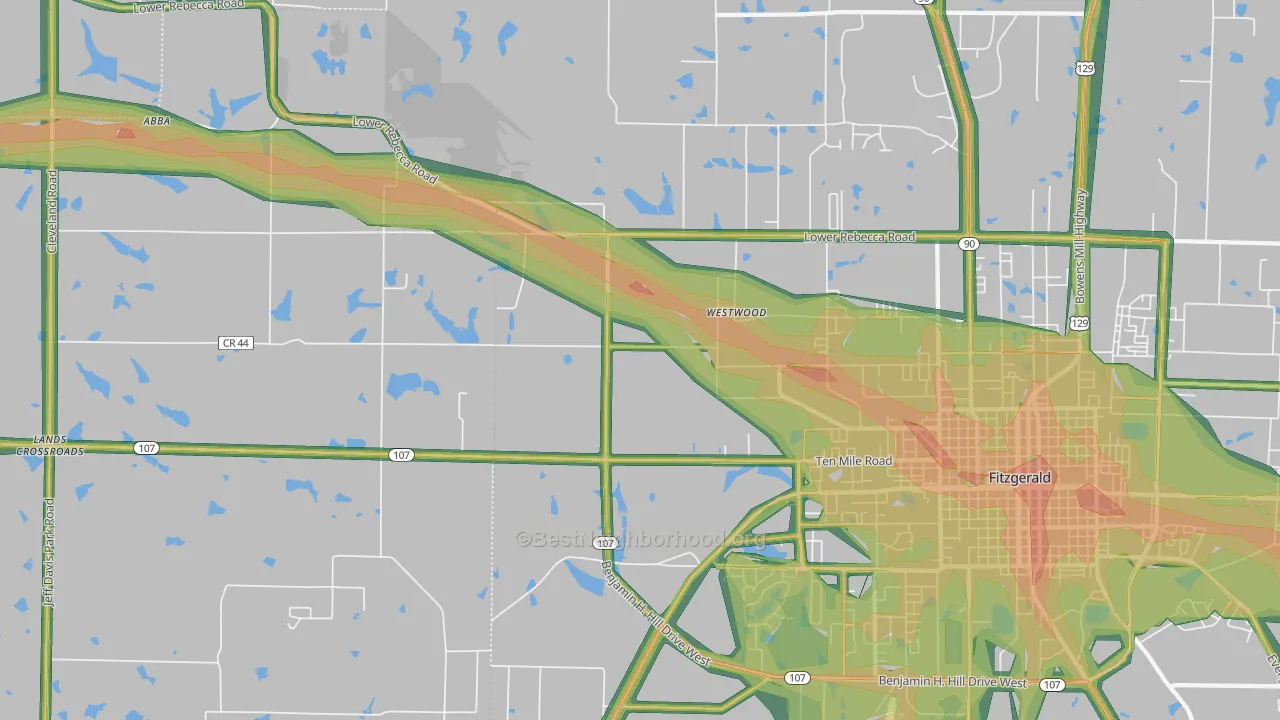 Westwood, GA Map of Noise Levels in Westwood