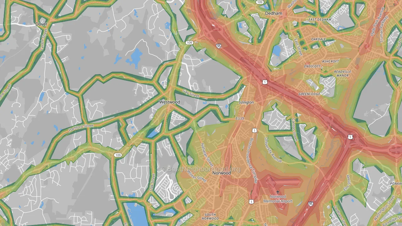 Westwood, MA Map of Noise Levels in Westwood