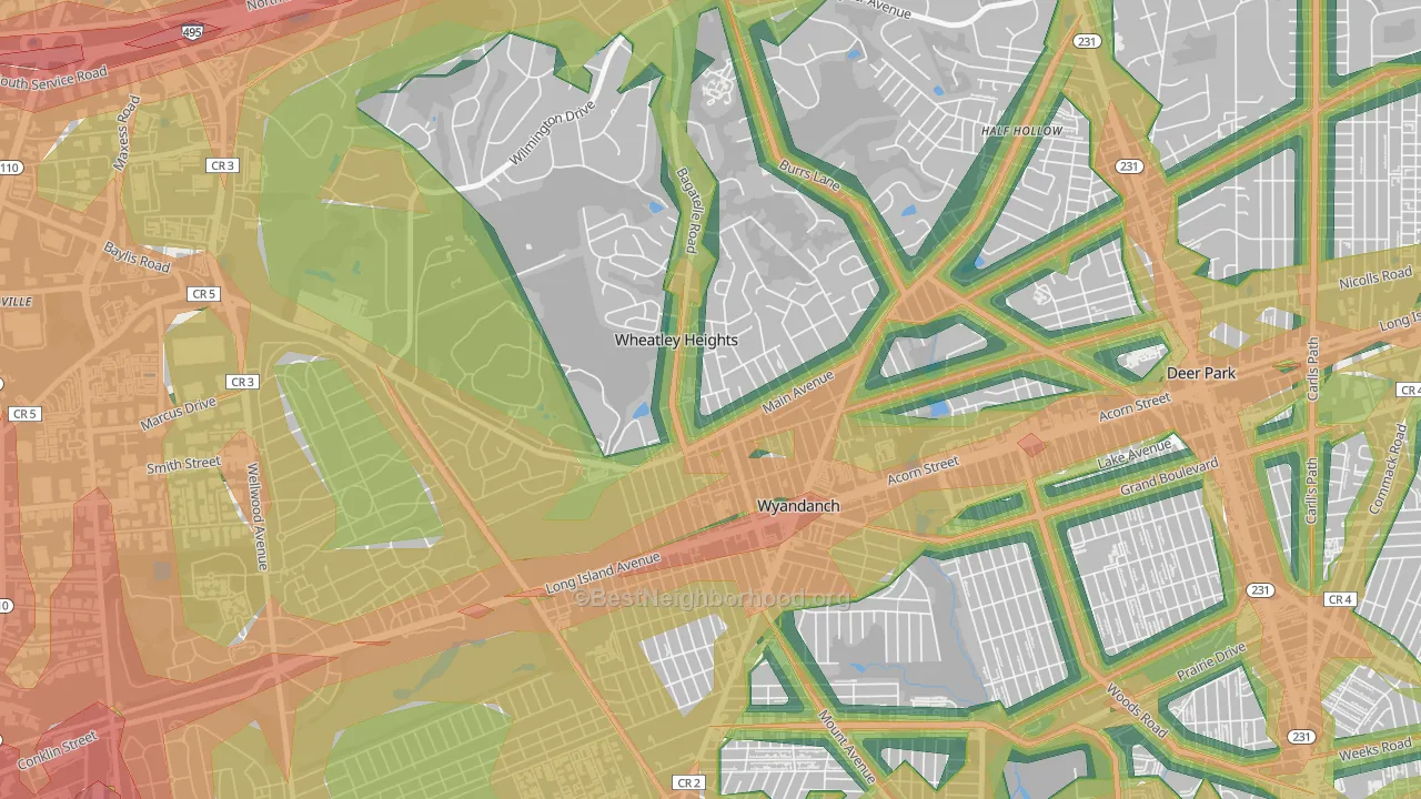 Wheatley Heights, Wyandanch, NY Map of Noise Levels in Wheatley Heights