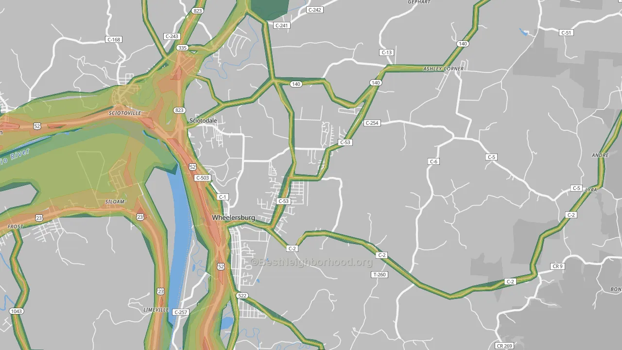 Wheelersburg, OH Map of Noise Levels in Wheelersburg
