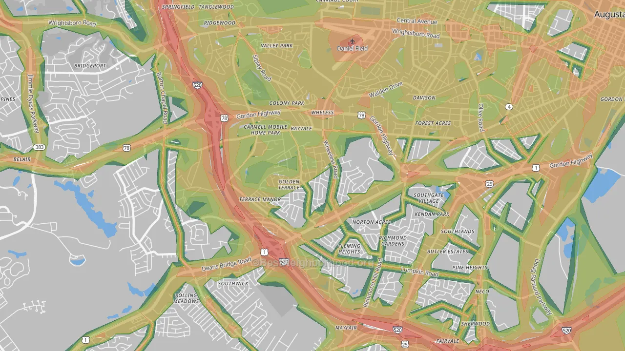 Wheeless Road, Augusta, GA Map of Noise Levels in Wheeless Road