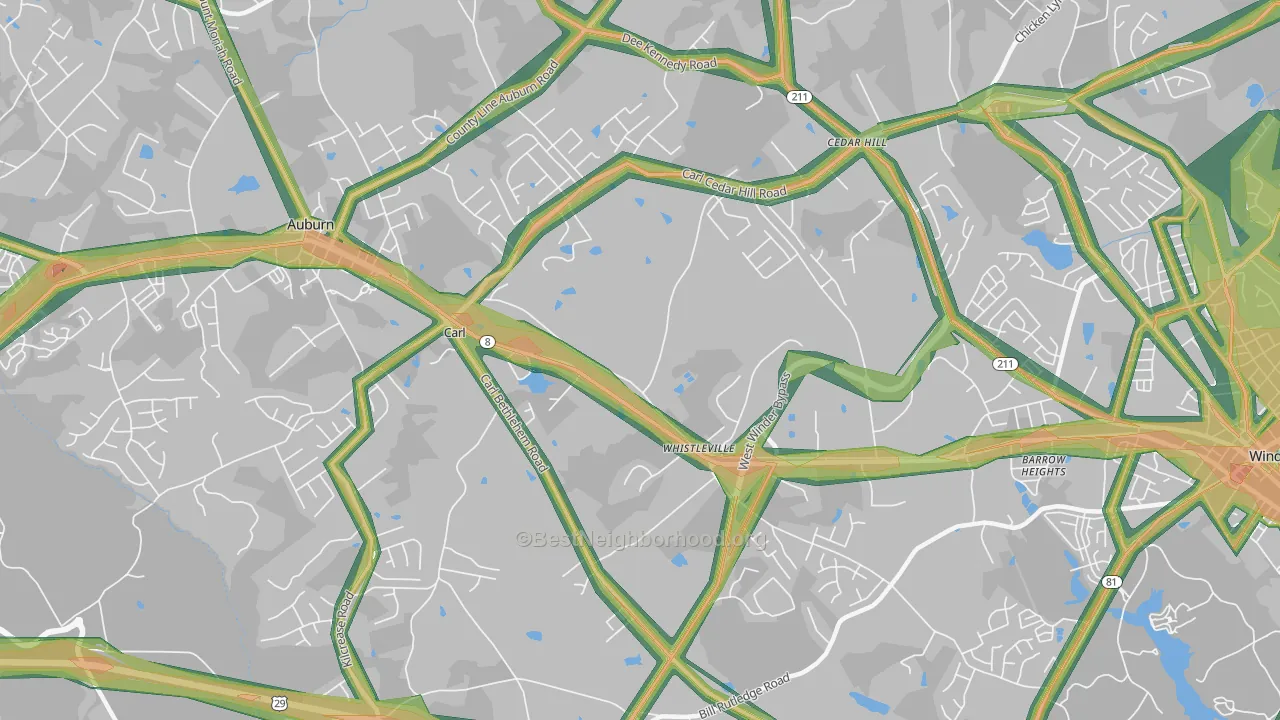 Whistleville, GA Map of Noise Levels in Whistleville