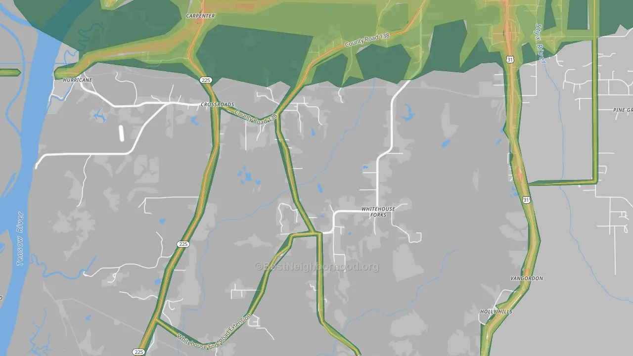 Whitehouse Forks, AL Map of Noise Levels in Whitehouse Forks