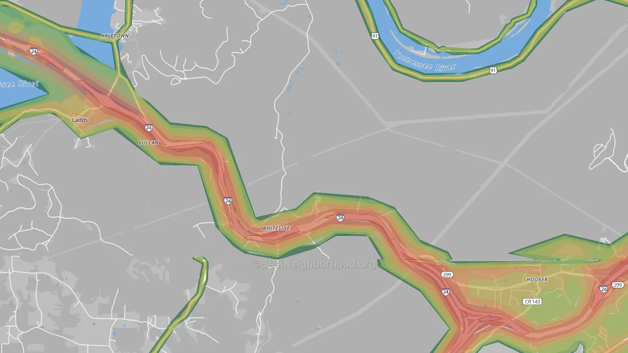 Whiteside, TN Map of Noise Levels in Whiteside