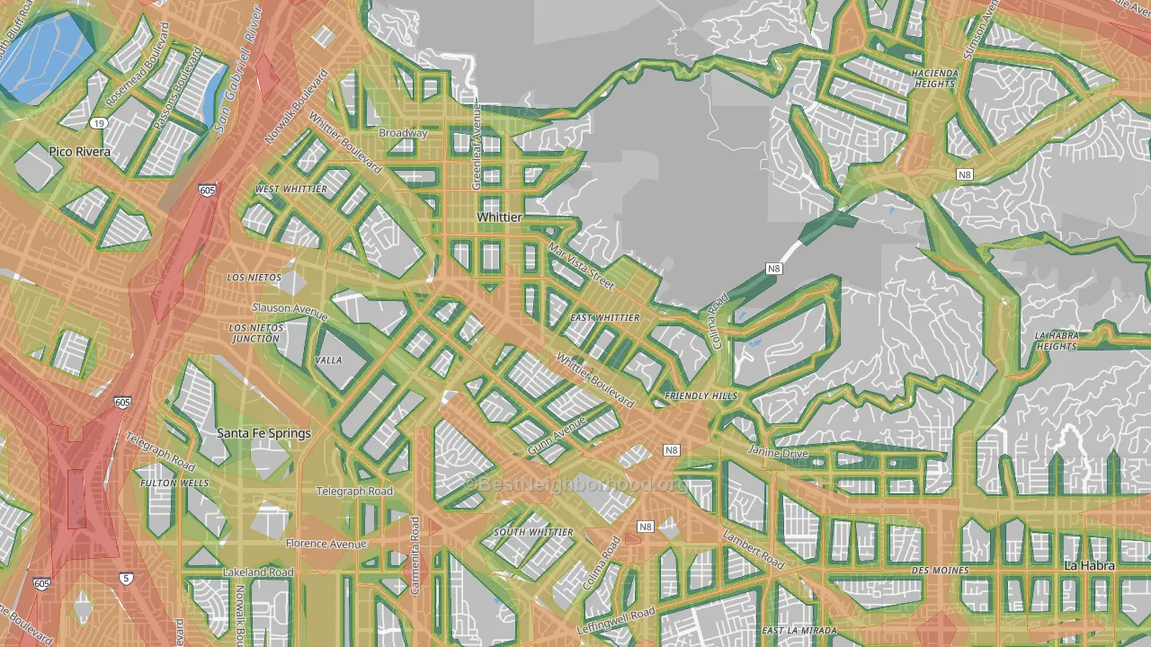 Whittier, CA Map of Noise Levels in Whittier