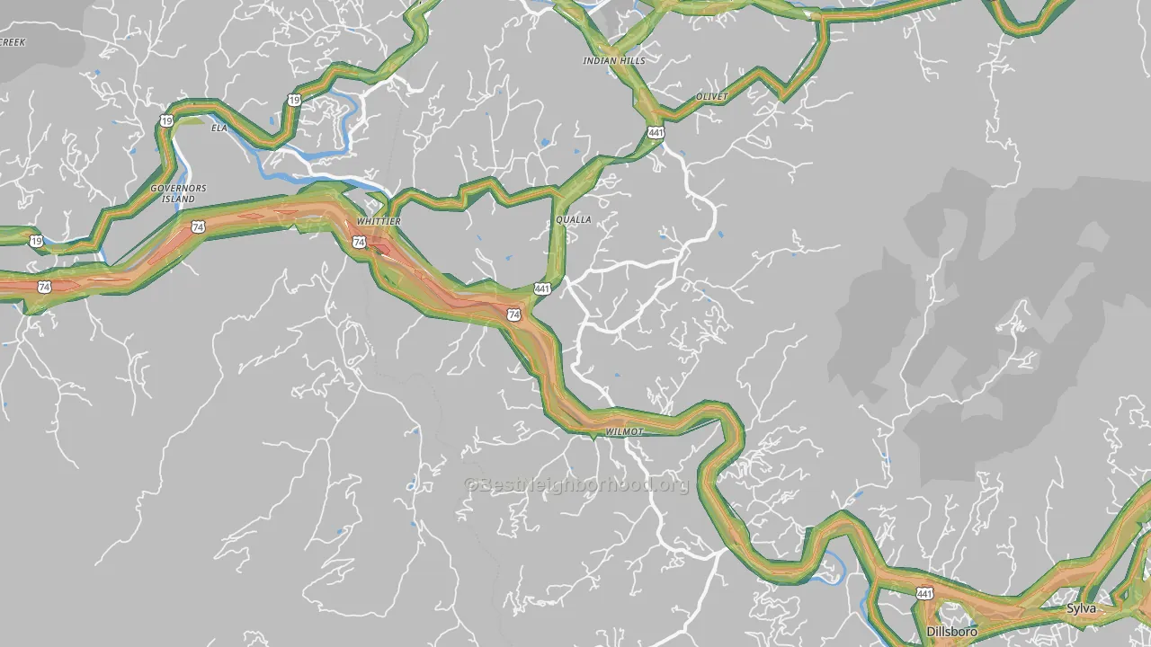Whittier, NC Map of Noise Levels in Whittier