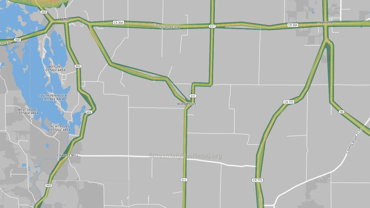 Widowville, OH Map of Noise Levels in Widowville