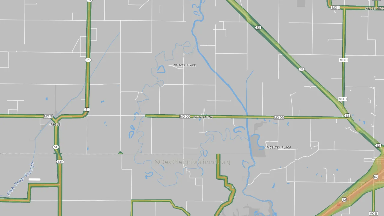 Wilhelmina, MO Map of Noise Levels in Wilhelmina