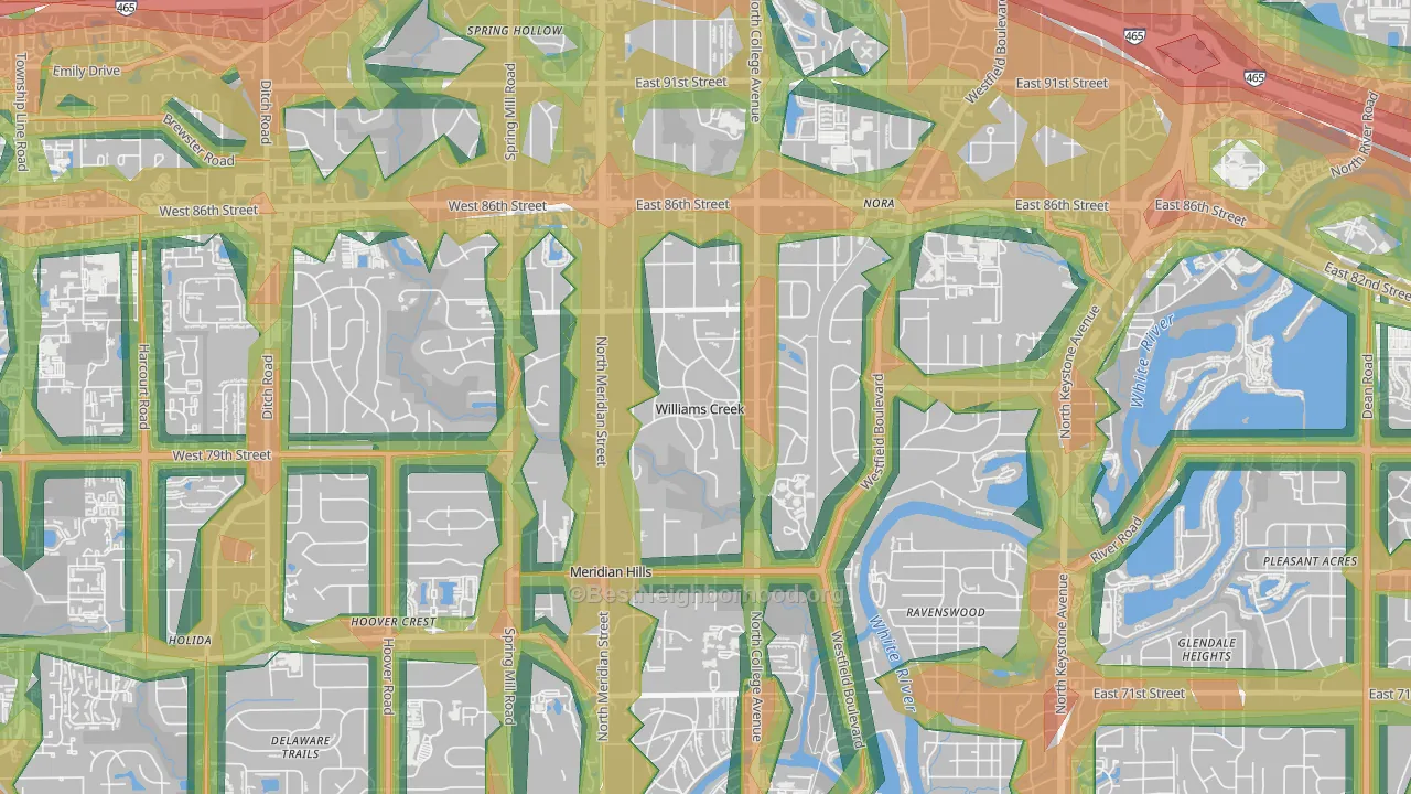 Williams Creek, IN Map of Noise Levels in Williams Creek