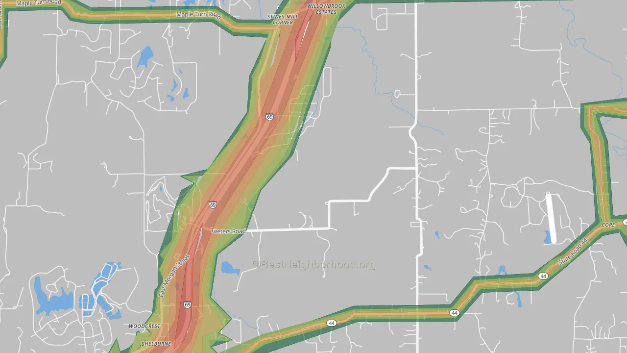 Willowbrook Estates, IN Map of Noise Levels in Willowbrook Estates