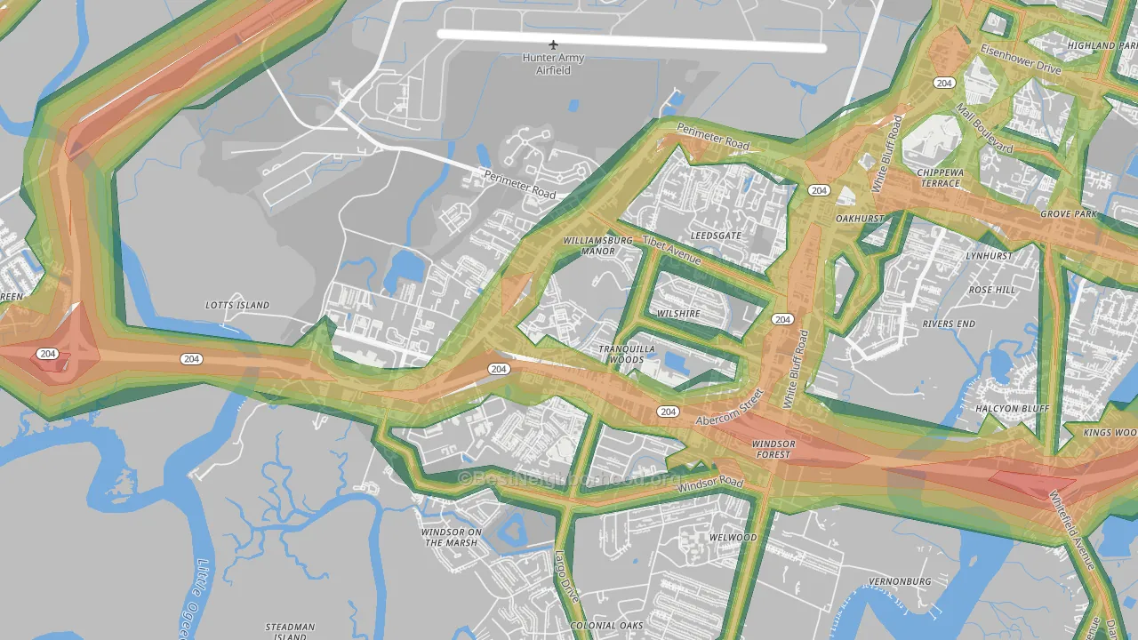 Wilshire Estates-Savannah Mall, Savannah, GA Map of Noise Levels in Wilshire Estates-Savannah Mall