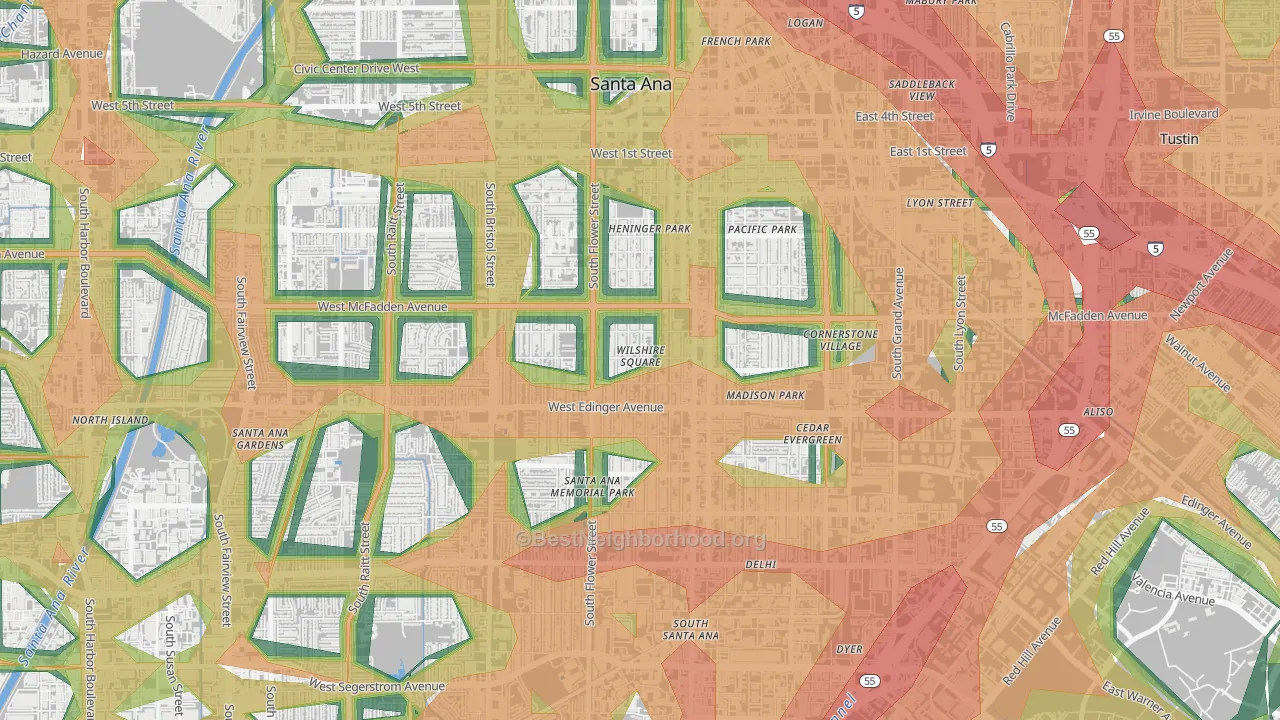 Wilshire Square, Santa Ana, CA Map of Noise Levels in Wilshire Square