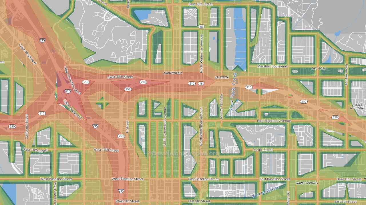 Wilson-Riverside, San Bernardino, CA Map of Noise Levels in Wilson-Riverside