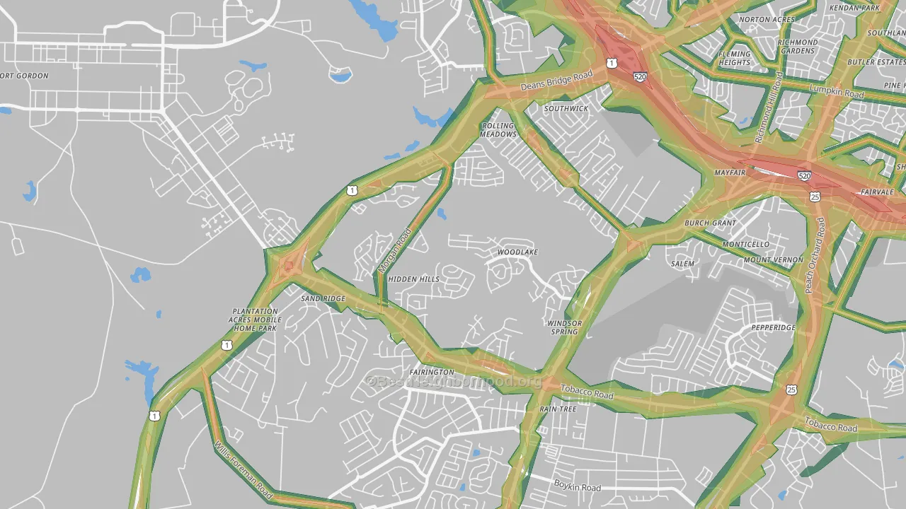 Windsor Spring, Hephzibah, GA Map of Noise Levels in Windsor Spring