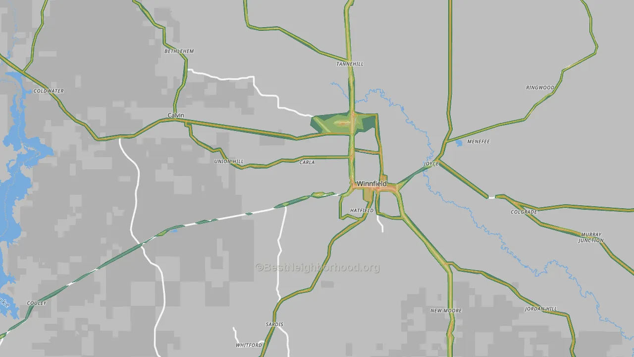 Winn Parish, LA Map of Noise Levels in Winn Parish