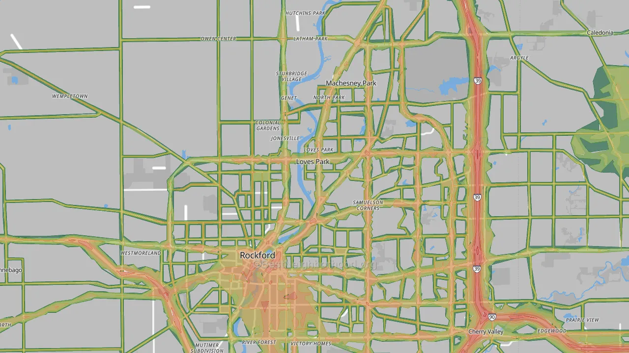 Winnebago County, IL Map of Noise Levels in Winnebago County