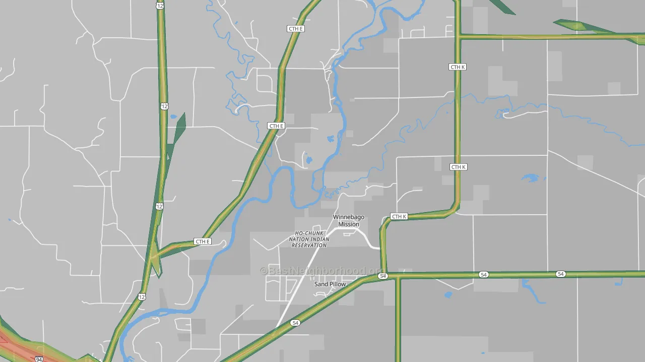 Winnebago Mission, WI Map of Noise Levels in Winnebago Mission