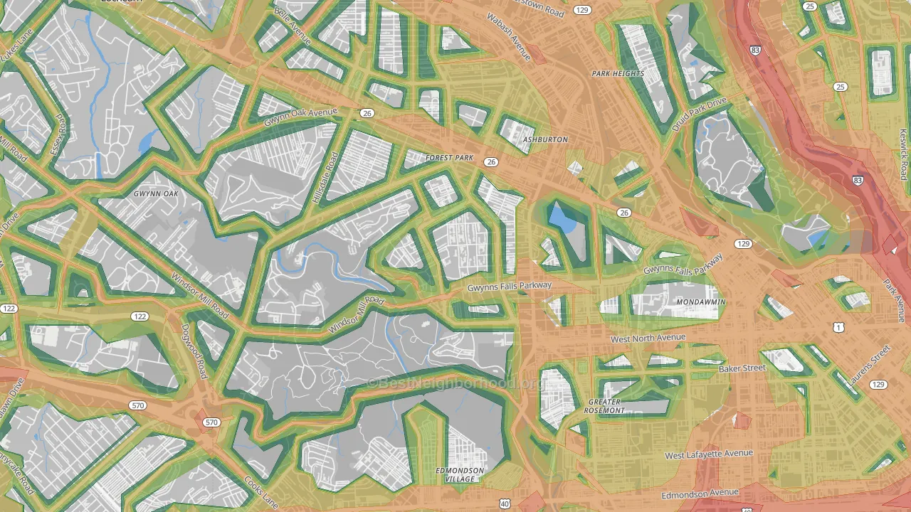 Winsor Hills, Baltimore, MD Map of Noise Levels in Winsor Hills