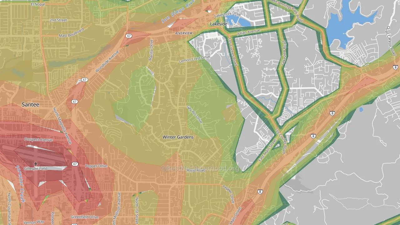 Winter Gardens, Lakeside, CA Map of Noise Levels in Winter Gardens