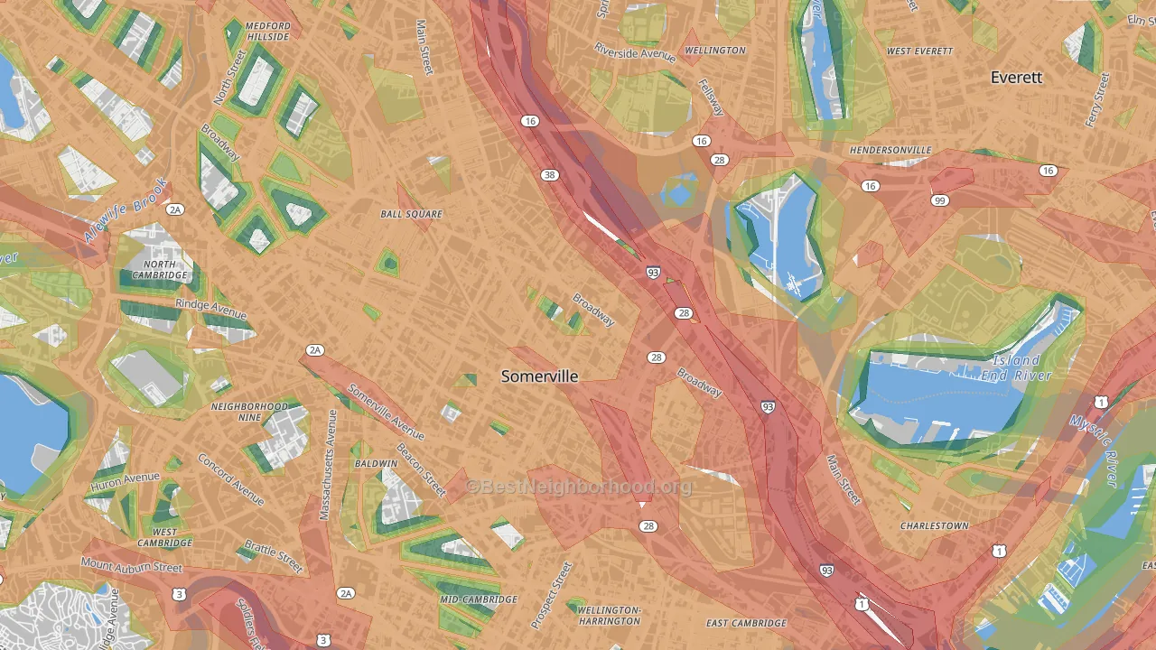 Winter Hill, Somerville, MA Map of Noise Levels in Winter Hill