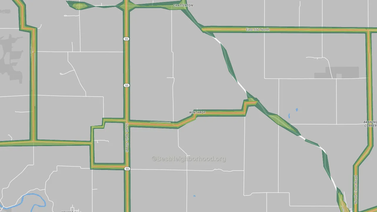 Winthrop, IN Map of Noise Levels in Winthrop